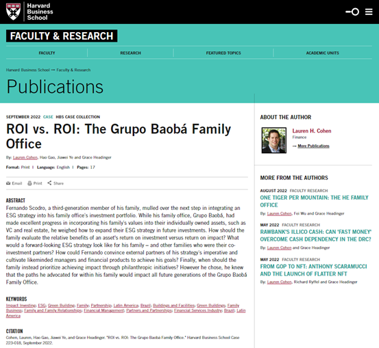 "ROI vs. ROI: The Grupo Baobá Family Office" Co-Authored by Gao Hao Included in Harvard Case Library